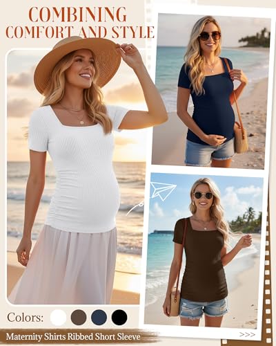Huukeay 4 Pack Women's Short Sleeve Maternity Shirts - color: Black, Navy Blue, Brown, White, size: Medium