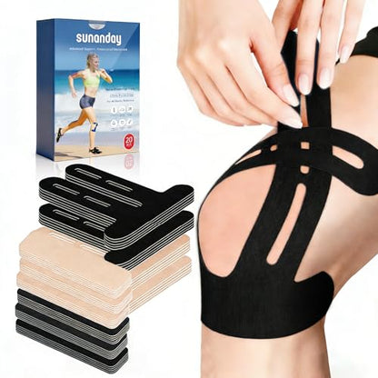20 PCS Waterproof Kinesiology Tape, Precut Strips Knee Pain Relief Support - color: Black and Beige