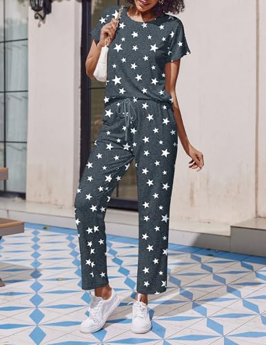 Ekouaer 2 Pack Womens Pajama Set Short Sleeve Top and Printed Pants Soft Pj - color: Black/Grey Star, size: Medium