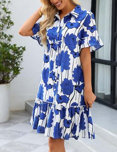 MEROKEETY Women's Summer Casual Tshirt Dress Button Down Shift Mini Dresses - color: Floral Blue, size: Small
