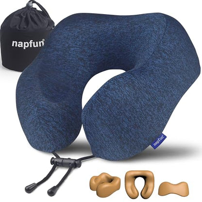 napfun Neck Pillow for Travel, Memory Foam Airplane Pillow, Full Dark Blue - color: Blue
