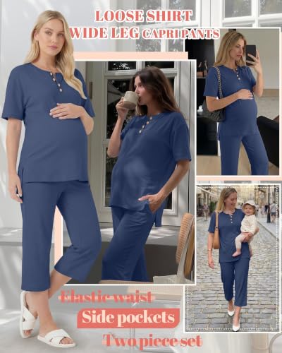 2 Piece Maternity Outfit for Women - color: Haze Blue, size: Large