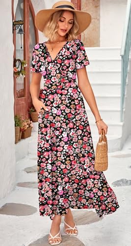 WNEEDU Women's Summer Maxi Dress Wrap Short Sleeve with Pockets - color: Black Red Flower, size: Large