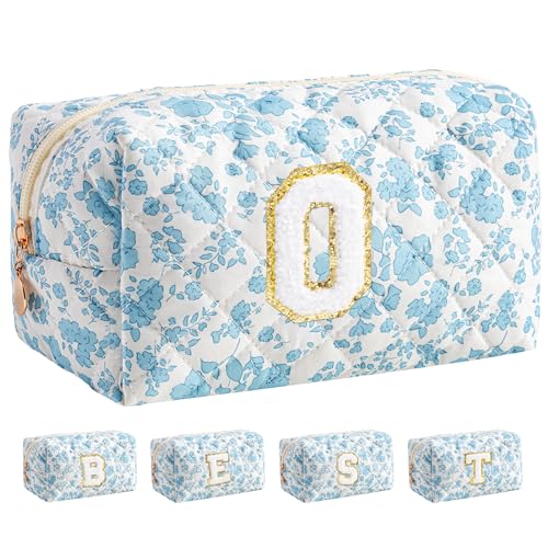 HBselect Personalized Makeup Bag for Women Initial Quilted Toiletry Bag - color: Blue Flower, size: O