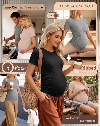 Ficerd 3 Pack Women's Short Sleeve Maternity Shirts - color: Black, Light Heather Gray, Dirty Pink, size: Medium