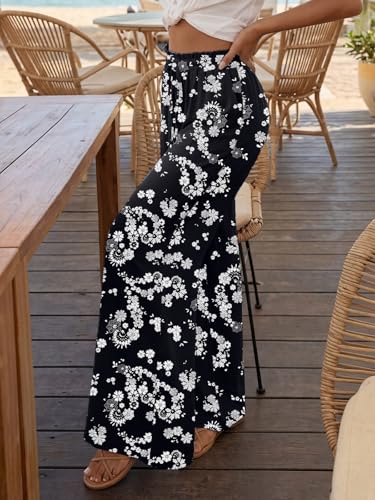 LILLUSORY Womens Wide Leg Palazzo Pants with Pockets High Waist Flowy - color: Black Flower, size: Medium