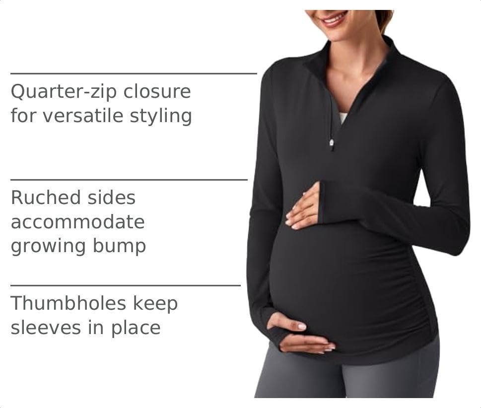 G4Free Lightbreeze Maternity Shirts Long Sleeve Quarter Zip Pregnancy Top - color: Black, size: Medium