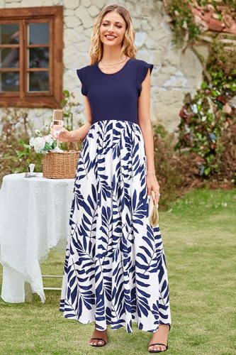 OUGES Women's Ruffle Sleeve Patchwork Maternity Maxi Dress with Pockets - color: Blue Leaf Print, size: X-Large