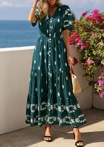 PRETTYGARDEN Womens Short Sleeve Boho Maxi Dress - color: Peacock Blue, size: Medium