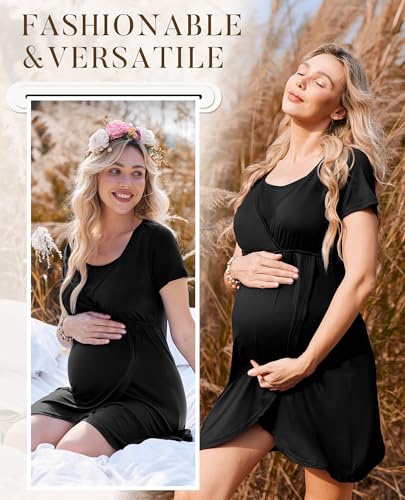 Nursing Nightgown Short Sleeve Breasfeeding Birthing Gown Maternity Dress - color: Black, size: Medium