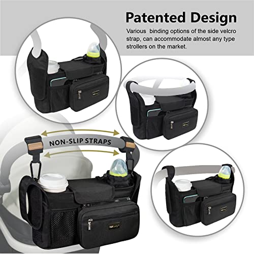TOPDesign Universal Baby Stroller Organizer, Stroller Caddy with Heightened Insulated Cup Holders & Non-Slip Secure Hooks Accessories, Fits Most Strollers, Machine Washable (Black) - color: Black, style: Basic