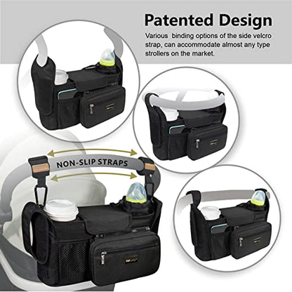TOPDesign Universal Baby Stroller Organizer, Stroller Caddy with Heightened Insulated Cup Holders & Non-Slip Secure Hooks Accessories, Fits Most Strollers, Machine Washable (Black) - color: Black, style: Basic