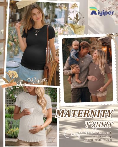 Riyiper 4 Pack Maternity Ribbed Knit Shirts for - color: Charcoal Gray, Cream, Brown, Black, size: Medium