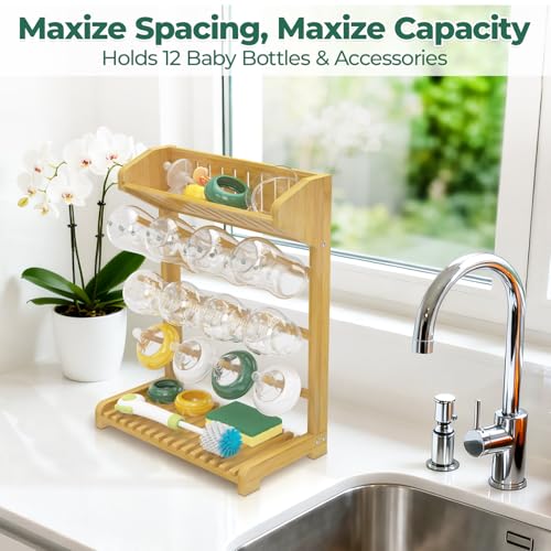 EsLuker.ly Baby Bottle Drying Rack Bamboo Vertical Dryer Holder