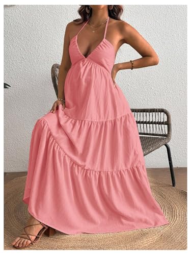Milumia Women's Maternity Flowy Halter Maxi Dress Summer Sundress - color: Pink, size: Small