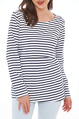 Smallshow Women's Nursing Tops Long Sleeve Breastfeeding Shirts 3 Packs - color: Brown-deep Green-white Stripe(3 Packs), size: Large