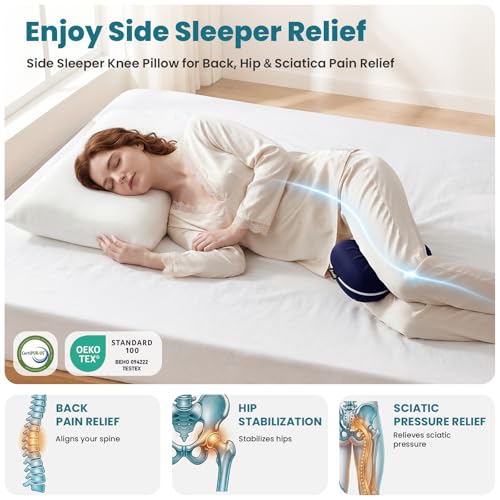 Knee Pillow for Side Sleepers - Smooth Spine Alignment Pillow, Memory Foam Knee Pillows for Back Hip Pain, Spine Aligning, Sciatica, Surgery Recovery (Blue+Grey 2 Cover, Without an Elastic Band) - color: Blue+grey 2 Cover