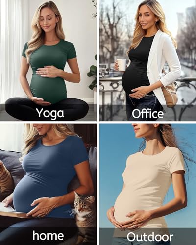 Huukeay 4 Pack Women's Short Sleeve Maternity Tops - color: Black, Apricot, Haze Blue, Dark Green, size: Medium