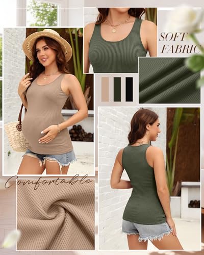 Ficerd 3 Pack Women's Maternity Ribbed Tank Tops - color: Camel, Army Green, Black, size: Medium