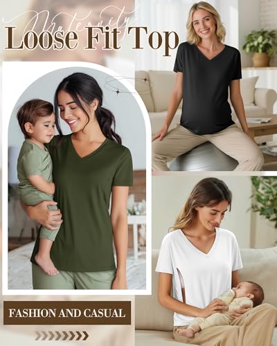 4 Pack Women's Nursing Maternity Shirts - color: Black, White, Coffee, Army Green, size: X-Large