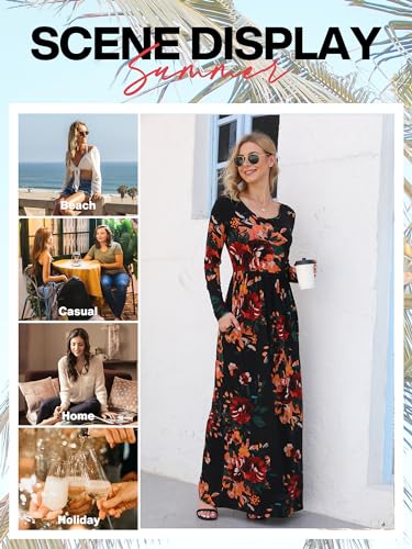 VIISHOW Women's Long Sleeve Loose Plain Maxi Dresses Casual Long Dresses with Pockets - color: 0-flower-light Blue, size: Small