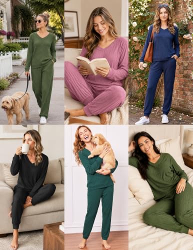 Ekouaer Lounge Sets for Women Long Sleeve Ribbed Knit Pajama Set - color: Blue, size: Small