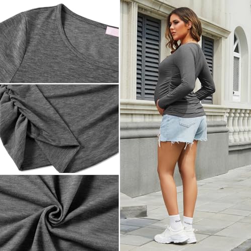 Maternity Shirt Long Sleeve Basic Top Ruch Sides Bodycon Tshirt for Pregnant Women - color: Dark Grey/Rose, size: Large