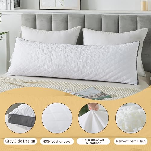 WhatsBedding Memory Foam Body Pillow with Cover, Long Bed Pillow for Adults - color: White Pillow+ Grey Pillowcase