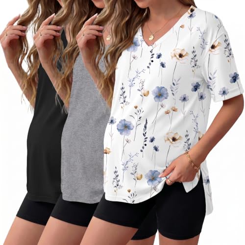 Ekouaer Maternity Shirts 3 Pack Oversized Pregnancy Tops Summer Clothes - color: 3 Pcs Black/ Grey/ White Flower, size: Large