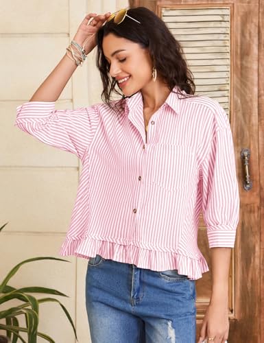 Flygo Womens Striped Button Down Shirts Cropped 3/4 Sleeve Ruffled Blouses - color: Pink, size: Large