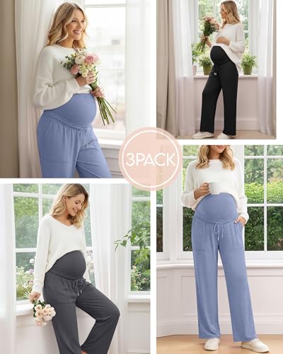 3 Pack Women's Maternity Casual Pants - color: Blue Purple, Dark Gray, Black, size: Small