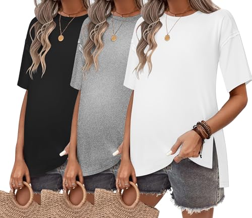 Ekouaer Maternity Shirts 3 Packs Short Sleeve Split Side Pregnancy Tops - color: Black/Light Gray/White, size: Large
