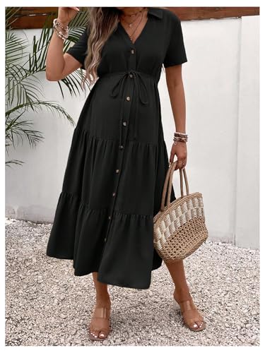 OYOANGLE Women's Maternity Button Belted Dress - color: Black, size: Medium