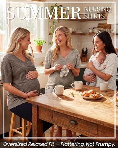 Huukeay 3 Pack Women's V Neck Nursing T-Shirts - color: Cream, Khaki, Light Coffee, size: Small