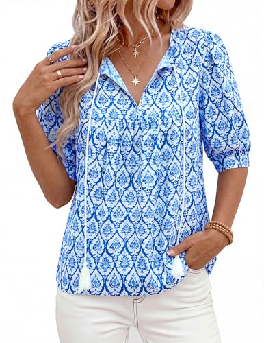PRETTYGARDEN Womens Summer Boho Blouses Dressy Casual - color: Floral Blue, size: Medium