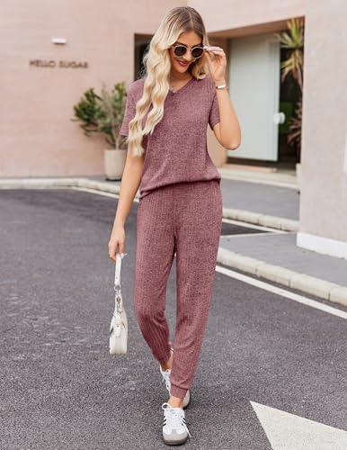 Ekouaer Pajama Sets for Womens 2 Piece Jogger Pants Lounge Set - color: Wine Red, size: Medium