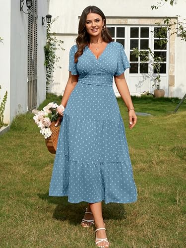 RWJ Women's Plus Size Wrap V Neck Summer Casual Holiday Wedding Maxi Dress - color: Light Blue, size: 3X-Large Plus