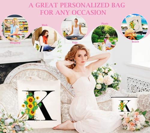 Andeiltech Initial Canvas Tote Bag Sunflower Letter Personalized Makeup Bag Monogrammed Gift for Bridesmaids Birthday Wedding - color: Sunflower Letter_k