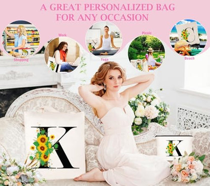 Andeiltech Initial Canvas Tote Bag Sunflower Letter Personalized Makeup Bag Monogrammed Gift for Bridesmaids Birthday Wedding - color: Sunflower Letter_k