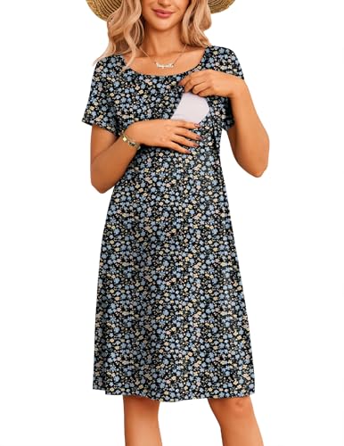 Maternity Summer Dress Breastfeeding Nursing Friendly Pregnancy Dresses - color: Black Blue Floral, size: Medium