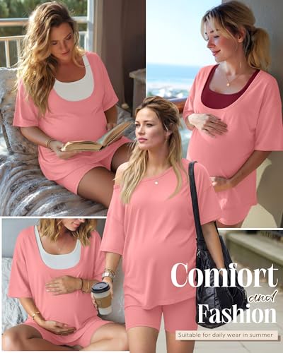 2 Piece Women Maternity Set Pregnancy Outfit - color: Light Pink, size: Medium