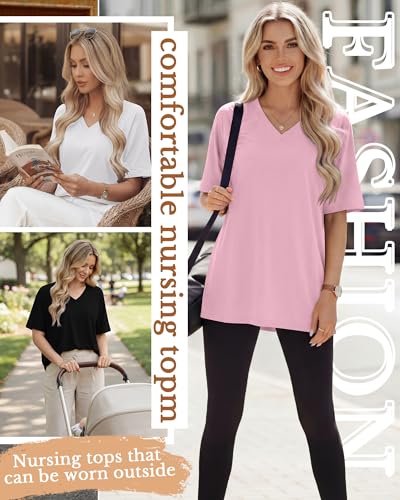 4 Pack Women's Nursing Short Sleeve Shirts - color: Pink, White, Light Gray, Black, size: X-Large