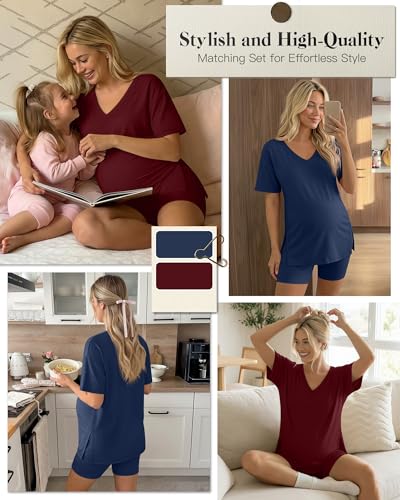 2 Pack Women Maternity Set Pregnancy Outfit - color: Navy Blue, Wine Red, size: Large
