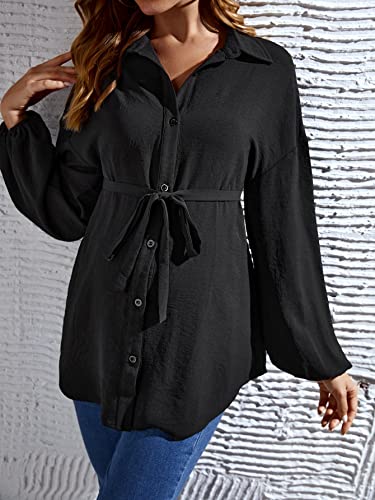 MakeMeChic Women's Maternity Blouse Long Sleeve Belted Button Down Tops - color: Black, size: X-Large