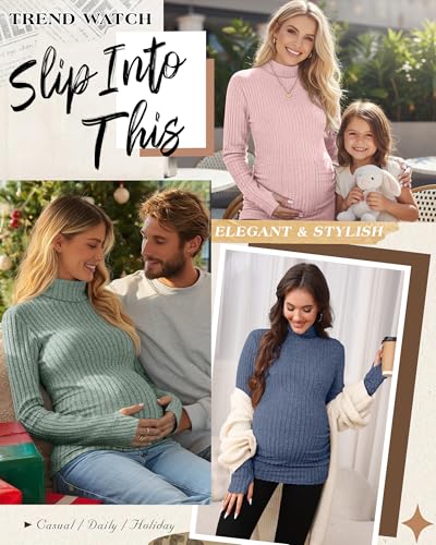 3 Pack Women's Maternity Turtleneck Tops - color: Dark Blue, Peach Pink, Light Green, size: Small