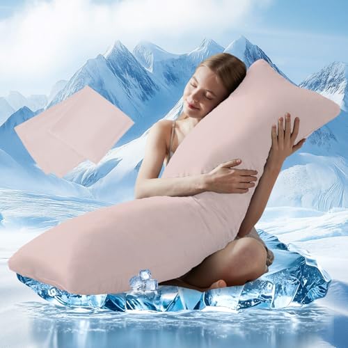 DOWNCOOL Large Body Pillow Insert with Cooling Cover - Soft Long Bed Pillow for Summer - Breathable Full Body Pillow for Adults - 20x54 inch (Pink, with Cover) - color: Pink Cooling, size: With Cover