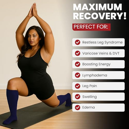 BAMS Plus Size Compression Socks Wide Calf XL XXL XXXL – Graduated Knee-High Support, Viscose from Bamboo Easy-On/Easy-Off - color: Navy, size: X-Large