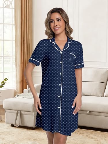 Womens Nightgown Bamboo Viscose Button Down Night Gowns - color: Blue Dotted, size: X-Large