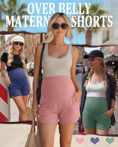 3 Pack Women's Maternity Shorts - color: Grey Green, Haze Blue, Grey Pink, size: Small