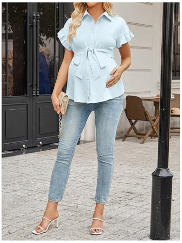 MakeMeChic Women's Maternity Nursing Work Blouse Pregnancy Ruffle Tops - color: Mint Green, size: X-Large
